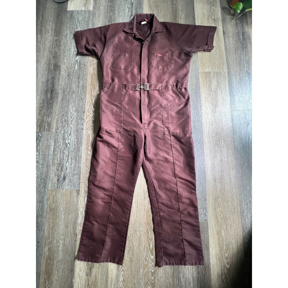 Para-Suit Coveralls Mens L Burgundy Brown Short Sleeve Utility Jumpsuit Belted